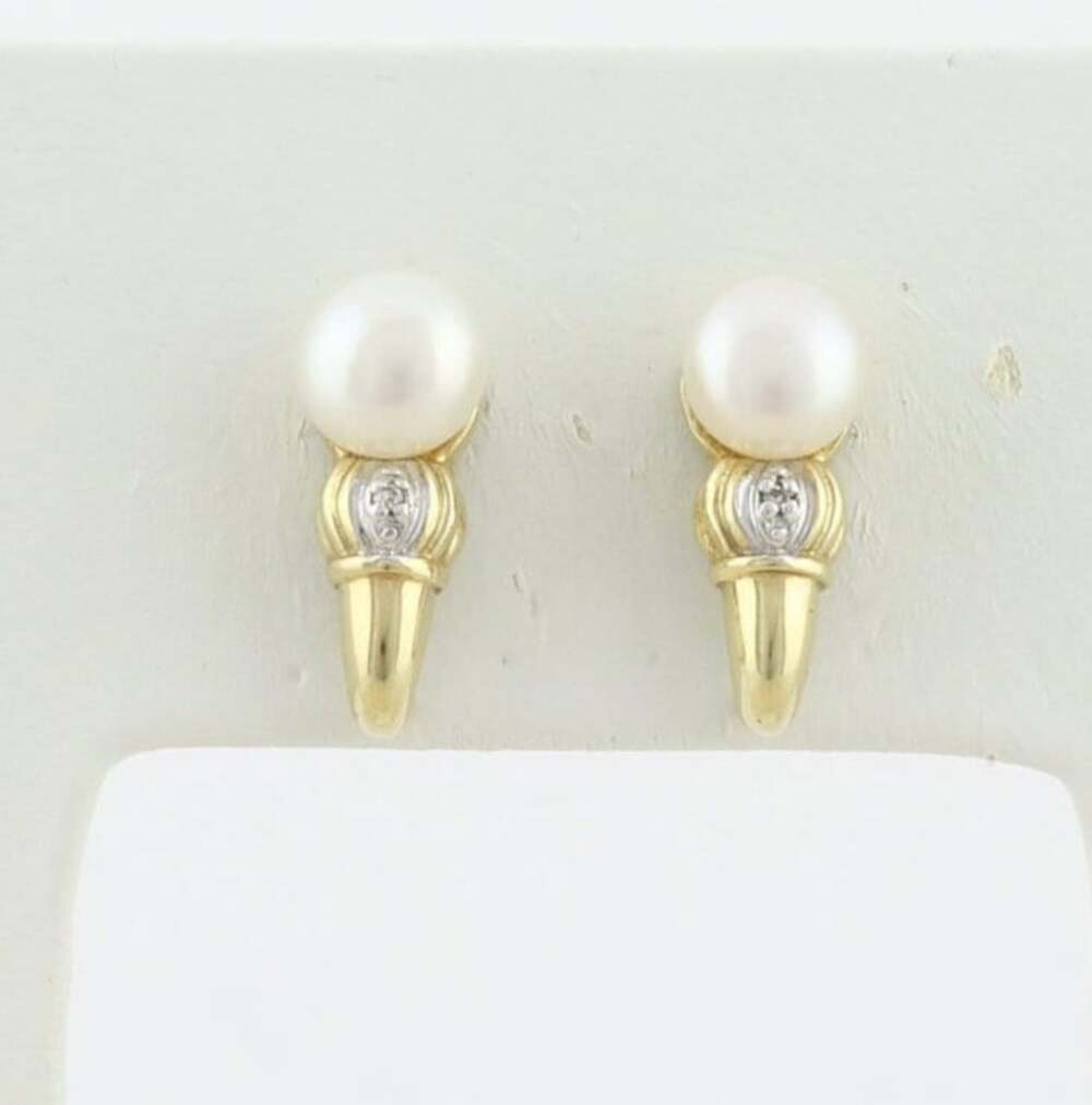 10k Yellow Gold Pearl and Diamond Earrings J Hoop Earrings 5/8" x 1/4"